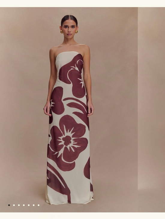Meshki Dresses & Skirts - Meshki Brown and Cream Strapless Chiffon Maxi Dress - Brown Deco Fleur Print